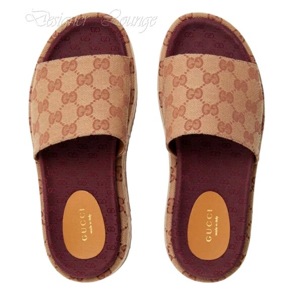 NEW GUCCI Angelina GG Beige Monogram Platform Slide Sandals Size EU 37.5 US 7.5 - Picture 5 of 15